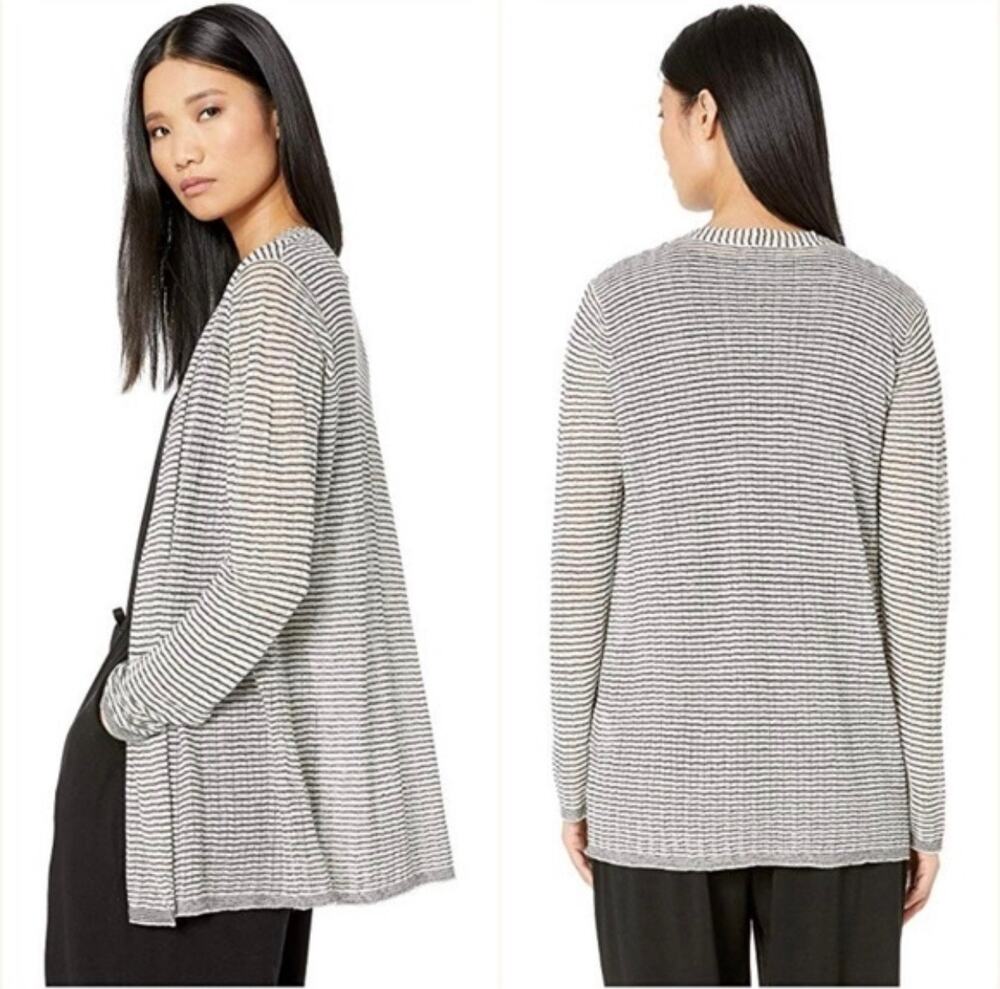 Eileen Fisher Stripe Organic Linen Blend Crepe Knit Open Cardigan gray ivory